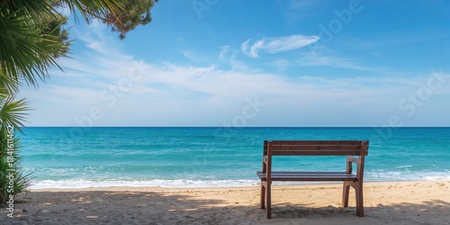 Fototapeta Naklejka Na Ścianę i Meble -  Empty bench at a seaside park, ideal for relaxation or social gatherings, seasonal change
