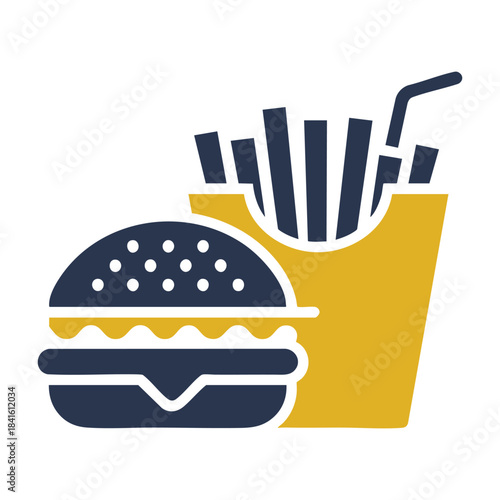 Simple fast food combo icon featuring a hamburger and french fries with a straw