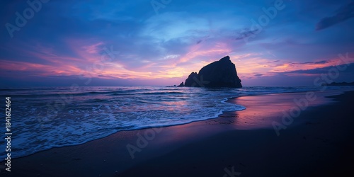 Fototapeta Naklejka Na Ścianę i Meble -  Black sand beach in Bali during evening with water and sky, summer travel destination, coastal landscape, sea waves, sunset atmosphere