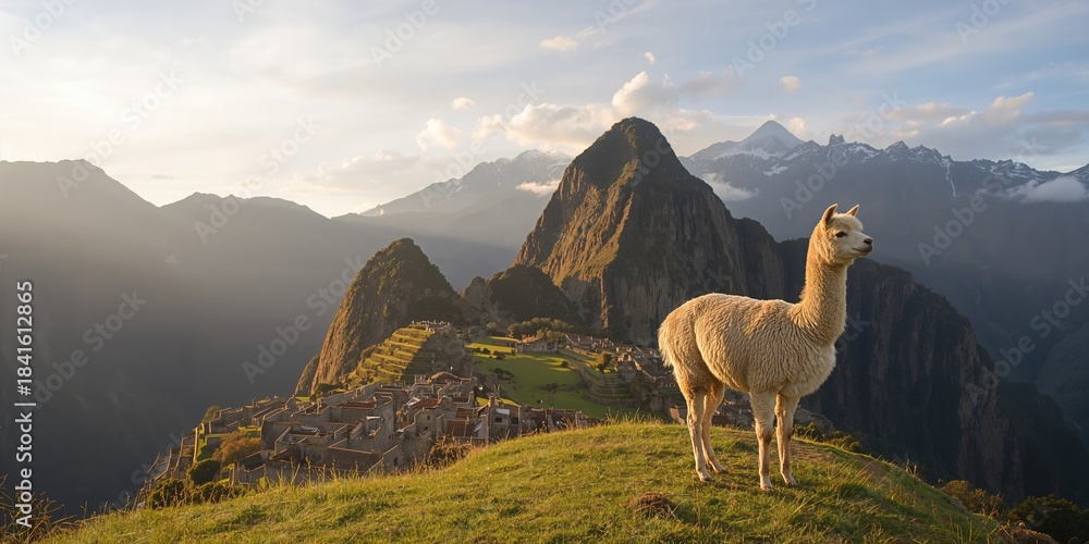 Naklejka premium Alpaca in highland mountains, natural habitat for fiber-producing animals