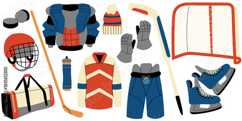 hockey equipment set with skates, sticks, helmet, pads, gloves, jersey, and goal. Perfect for sports designs, winter activities, training posters and team illustrations