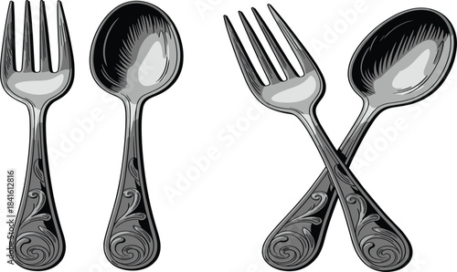 Set of engraved forks and spoons, crossed and separate, cutlery, restaurant tableware vector illustration