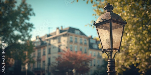 Fototapeta Naklejka Na Ścianę i Meble -  Detailed view of a vintage small streetlight against a softly blurred cityscape, highlighting urban lighting maintenance