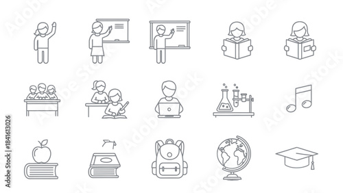 Collection of educational icons depicting students, teachers, and school supplies.