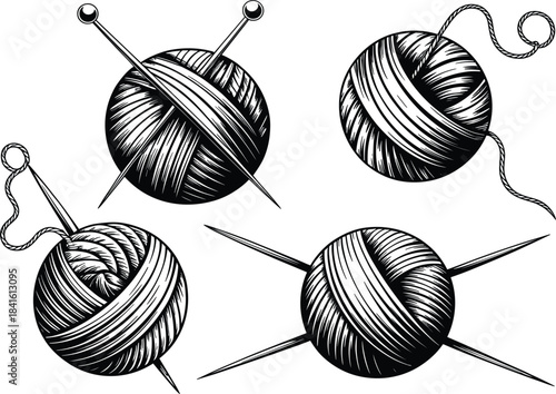 Set of four knitting yarn balls with crossed needles, vintage wool skeins, craft, hobby vector illustration
