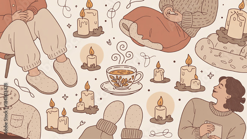 Cozy hygge scene with candles tea and warm clothing representing comfort and relaxation perfect for seasonal or lifestyle concepts