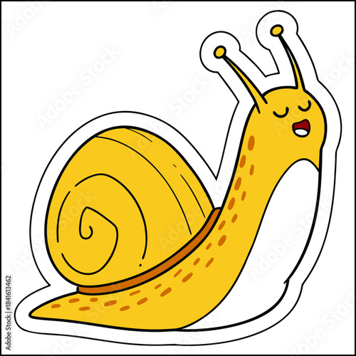A cute and funny cartoon snail with a spiral shell smiles as it slowly moves through the garden nature illustration