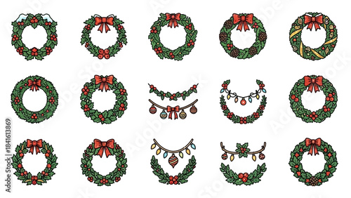 Collection of festive Christmas wreaths and garlands with bows and ornaments.