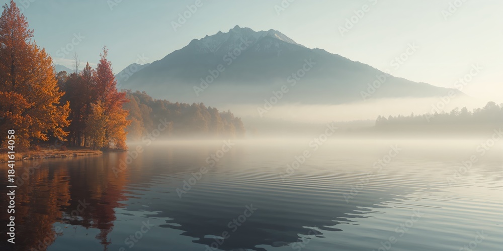 Fototapeta premium Autumn landscape featuring a mist-covered lake surrounded by dense trees and a ghostly mountain silhouette