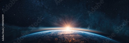 Starry night sky with a blue Milky Way and Earth, suitable for astronomy presentation backgrounds