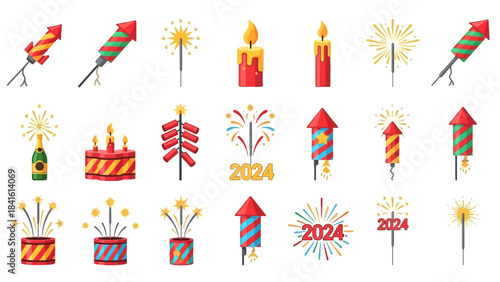Collection of Festive Fireworks and Celebratory Items for New Year.