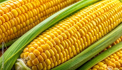 Fresh Ears of Corn with Bright Yellow Kernels and Green Husks Symbolizing Agricultural Abundance and Editorial Styling for Culinary and Lifestyle Use