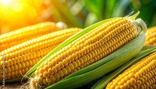 Fresh Ears of Corn with Bright Yellow Kernels and Green Husks Symbolizing Agricultural Abundance and Editorial Styling for Culinary and Lifestyle Use