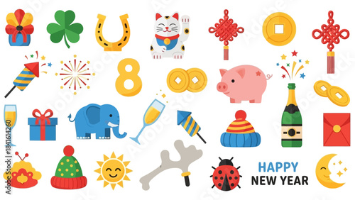 Collection of Festive Objects and Symbols for Celebrations.