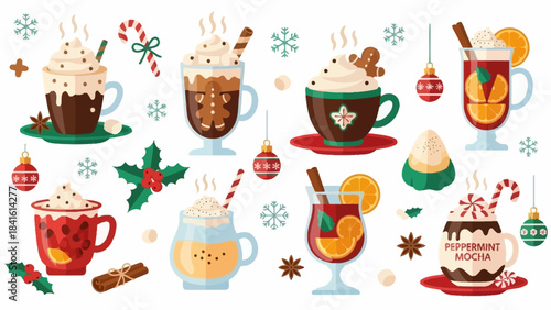 Collection of festive winter drinks with whipped cream and holiday garnishes.