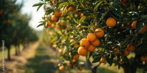 Oranges hanging on the trees during harvest, fresh produce for seasonal consumption