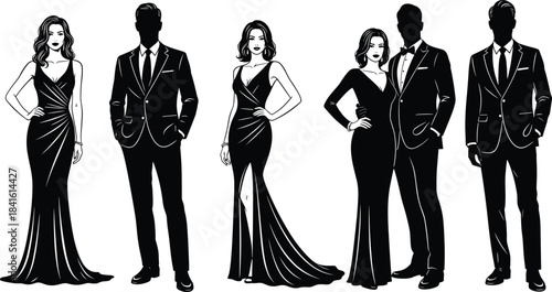 Elegant, glamorous men and women dressed in formal black suits and long evening gowns, standing silhouette vector illustration for luxury, cocktail, or black tie event concepts.