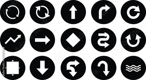 Vector illustration set of directional arrow icons inside circular backgrounds, featuring rotation, navigation, curves, and movement symbols for UI, signage, and design projects