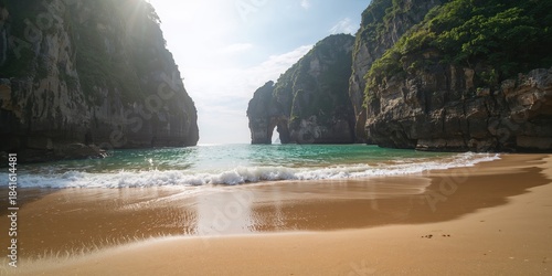 Fototapeta Naklejka Na Ścianę i Meble -  Hidden beach nestled between cliffs, serving as a scenic backdrop for natural landscapes
