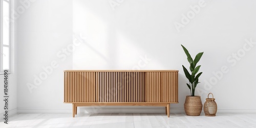 Living room wall mockup with warm interior, wooden slat curved sideboard, green plant in basket and wicker lantern, ideal for interior design layouts