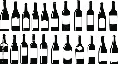 Vector illustration set of various wine bottle silhouettes with blank labels in different shapes and styles, perfect for packaging design, branding, and product concepts