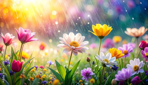Colorful Spring Garden with Blooming Flowers Sunlight and Water Droplets Symbolizing Renewal and Editorial Styling for Nature and Lifestyle Use