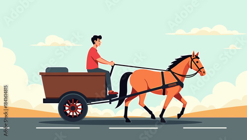 A young man drives a small wooden open cart pulled by a light brown horse horse-drawn cart on road