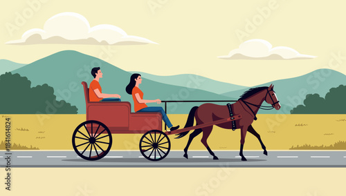 A couple rides a classic red wooden carriage pulled by a dark horse across a rural road horse-drawn cart on road