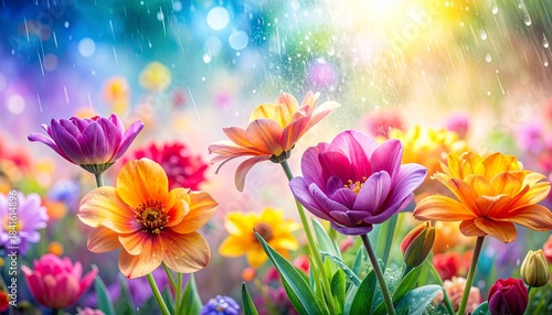 Colorful Spring Garden with Blooming Flowers Sunlight and Water Droplets Symbolizing Renewal and Editorial Styling for Nature and Lifestyle Use