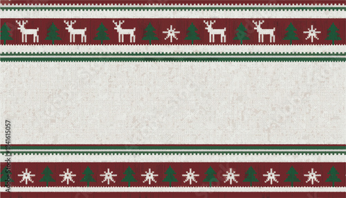 Festive Christmas banner with traditional knit pattern featuring deer, trees, and snowflakes on a red and green background, perfect for holiday greetings and winter designs
