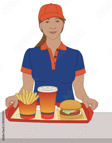 people food, female quick-server in a fast food outlet presenting a tray of burger, fries and soft drink at the counter isolated on a white background