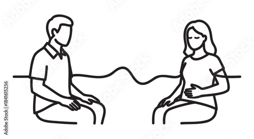 Breathwork coaching session with two people and breathing wave line art