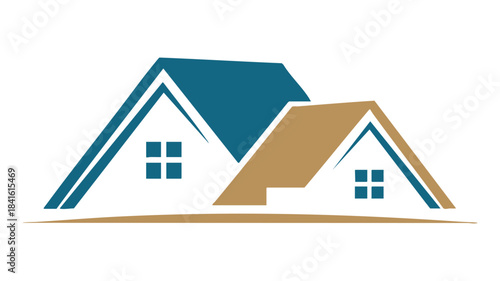 A modern real estate logo featuring two stylized houses with colorful roofs