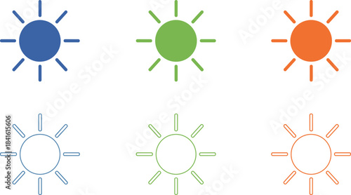 Colorful vector illustration set featuring sun icons in filled and outlined styles, perfect for weather graphics, summer themes, UI design, and decorative elements