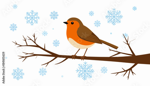 A cute European robin bird with an orange breast perching on a bare tree branch with blue snowflakes falling around it, depicting a winter scene.