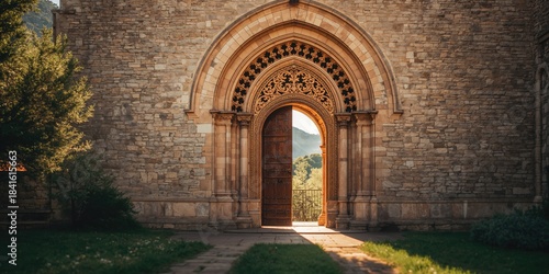 Entrance door of a church in Galicia, showcasing traditional architecture and stone craftsmanship, regional heritage preservation