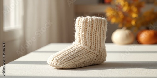 Close-up of a warm woolen bootie, insulation and cozy footwear for winter wear
