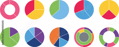 Colorful vector illustration set of pie charts and donut charts in various segmented styles, perfect for infographics, data visualization, presentations, and business design projects