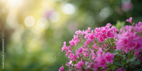Blurred summer garden scene with blooming pink geranium flowers, ideal as background for text or layout
