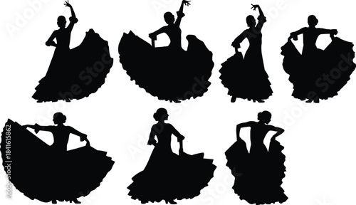 Flamenco Dancers Silhouette Collection, Spanish Dance Figures in Traditional Long Skirt Dress, Isolated 