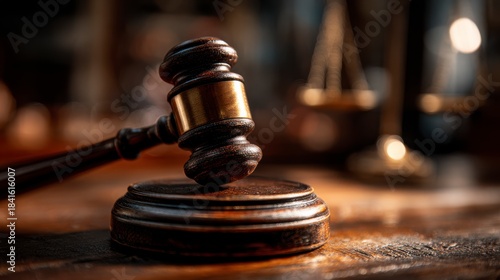 Close Up of a Wooden Gavel on a Dark Table with Blurred Scales of Justice in Background