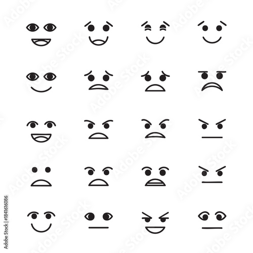 Set of diverse outline emoji faces displaying various emotions from happy to angry expressions