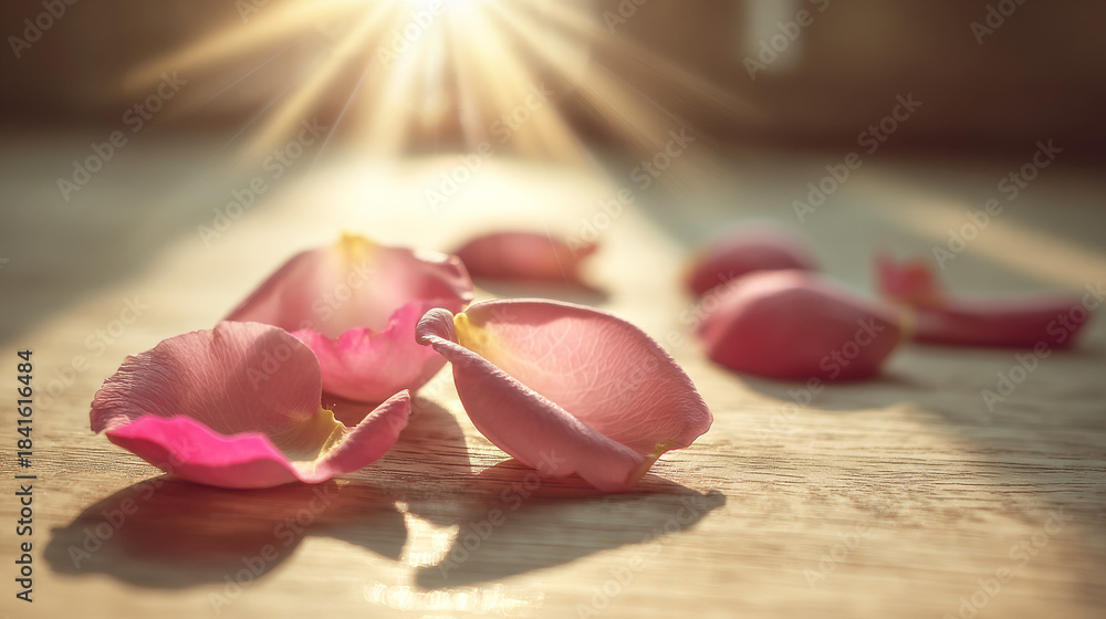 Fototapeta premium Rose petals scattering on a natural wooden surface under warm sun rays, creating long shadows. Concept of love, tenderness, and beauty