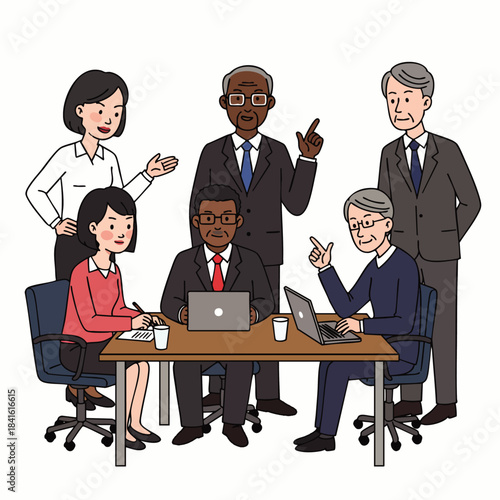 Diverse group of professionals collaborating in a modern office meeting, discussing ideas and planning strategies.