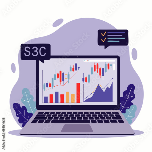 Modern laptop displays a financial stock market trading chart with rising and falling trends.