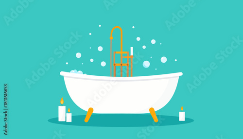 A flat illustration of a white clawfoot bathtub with a golden faucet, filled with water and bubbles, surrounded by candles on a teal background.