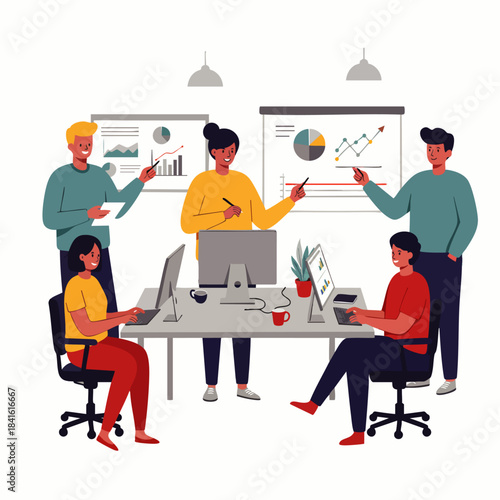Modern diverse team members are actively collaborating in an office setting, reviewing charts and graphs for strategic business development.
