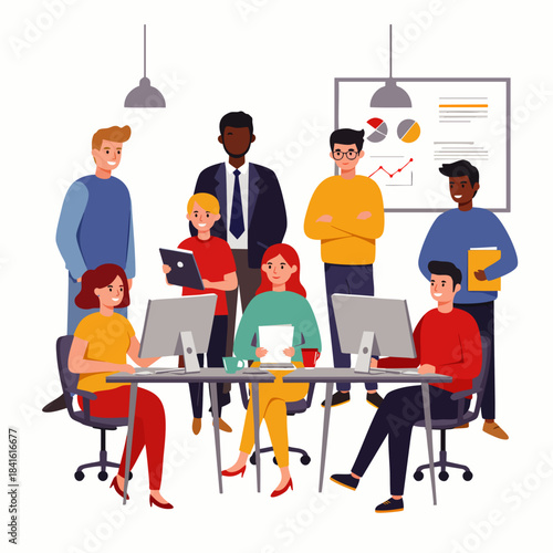 A diverse team of professionals actively collaborates in a modern office setting, fostering innovation and achieving successful project outcomes.