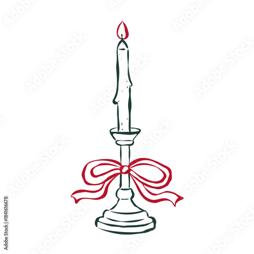 Isolated drawing candle in an elegant candlestick with bow in retro sketch ink style. Flat vector illustration. Trendy design for card, poster, social media. Christmas concept.