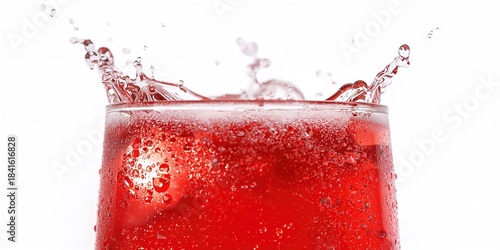 Fizzy red fruit beverage with bubbles on white backdrop, suitable for layout and advertising